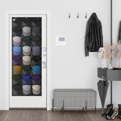 Baseball Hat Rack, 24 Pocket Over-The-Door Hat Organizer with Clear Deep Pockets to Display Baseball Caps Collection, Complete with 3 Over Door Hooks (Black, 24 Pockets)