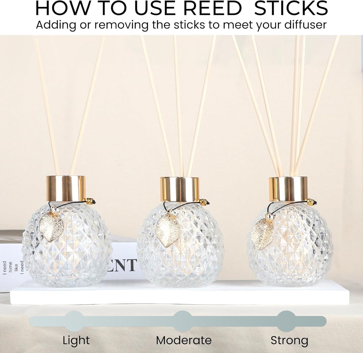 4-Piece Reed Diffuser Set with Metal Golden Decoration, 3.5-4.2oz Empty Bottles and 20 Reed Sticks, Unique Design for Home and Office (4 Different Bottles)
