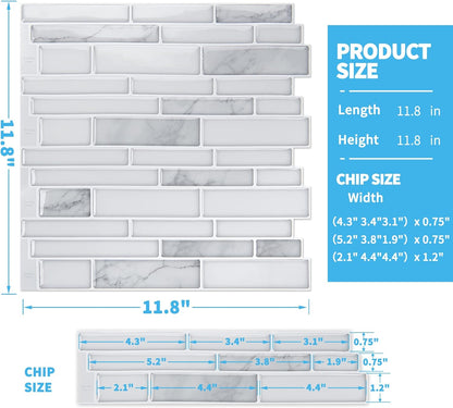 Art3d 10-Sheet Premium Stick On Kitchen Backsplash Tiles, 12"x12" Peel and Stick Self Adhesive Wall Tiles, White Marble Design