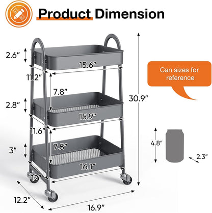 NEWBULIG 3-Tier Rolling Storage Cart, Metal Mobile Utility Organizer Shelf with Lockable Wheels, Space-Saving Freestanding Storage for Bathroom Living Room and Narrow Corner Spaces, Green