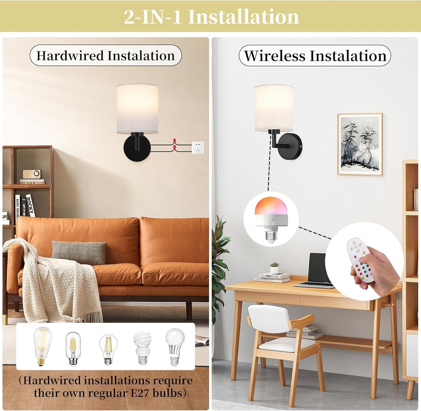 Wireless Wall Sconce Set of 2,Battery Operated Wall Lights with Remote Control,Rechargeable Wall Sconces with LED Bulb,15 Colours Dimmable Wall Lamp for Bedroom Living Room Hallway
