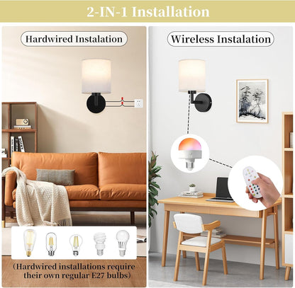 Wireless Wall Sconce Set of 2,Battery Operated Wall Lights with Remote Control,Rechargeable Wall Sconces with LED Bulb,15 Colours Dimmable Wall Lamp for Bedroom Living Room Hallway