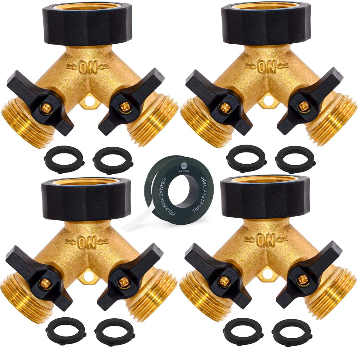 Morvat Garden Hose Splitter with Comfortable Rubber Grip Shut Off Valves, Heavy Duty Brass Connector, Water Tap, Y Splitter, 2 Valves, Outlet, Spigot, Includes Two Extra Washers & Roll of Teflon Tape
