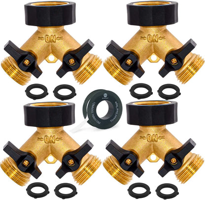 Morvat Garden Hose Splitter with Comfortable Rubber Grip Shut Off Valves, Heavy Duty Brass Connector, Water Tap, Y Splitter, 2 Valves, Outlet, Spigot, Includes Two Extra Washers & Roll of Teflon Tape