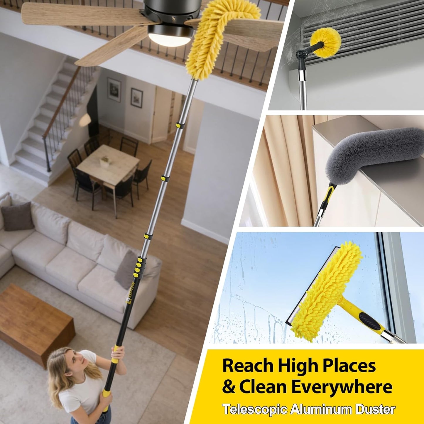 20 Foot High Ceiling Duster Kits with 5-12ft Heavy Duty Extension Pole, High Reach Duster for Cleaning,Microfiber Feather Duster,Cobweb Duster,Ceiling Fan Duster,Window Squeegee & Cleaner