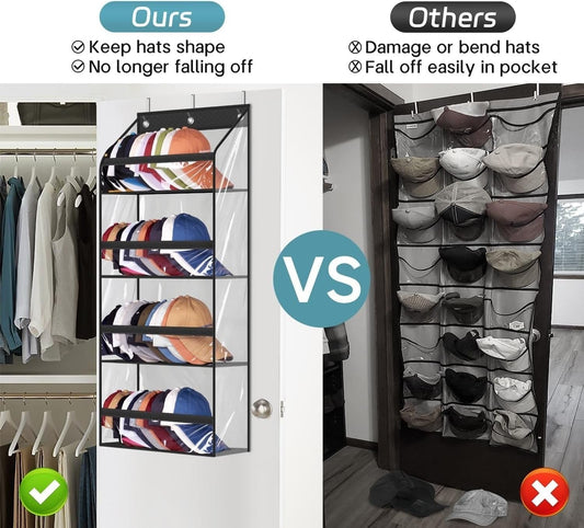 AOODA Clear Over the Door Hat Racks for Baseball Caps, Large Holds up to 72 Caps Hat Storage Organizer for Closet Wall, Deep Pockets Hanging Snapback Holder Shelves with 3 Hooks, White