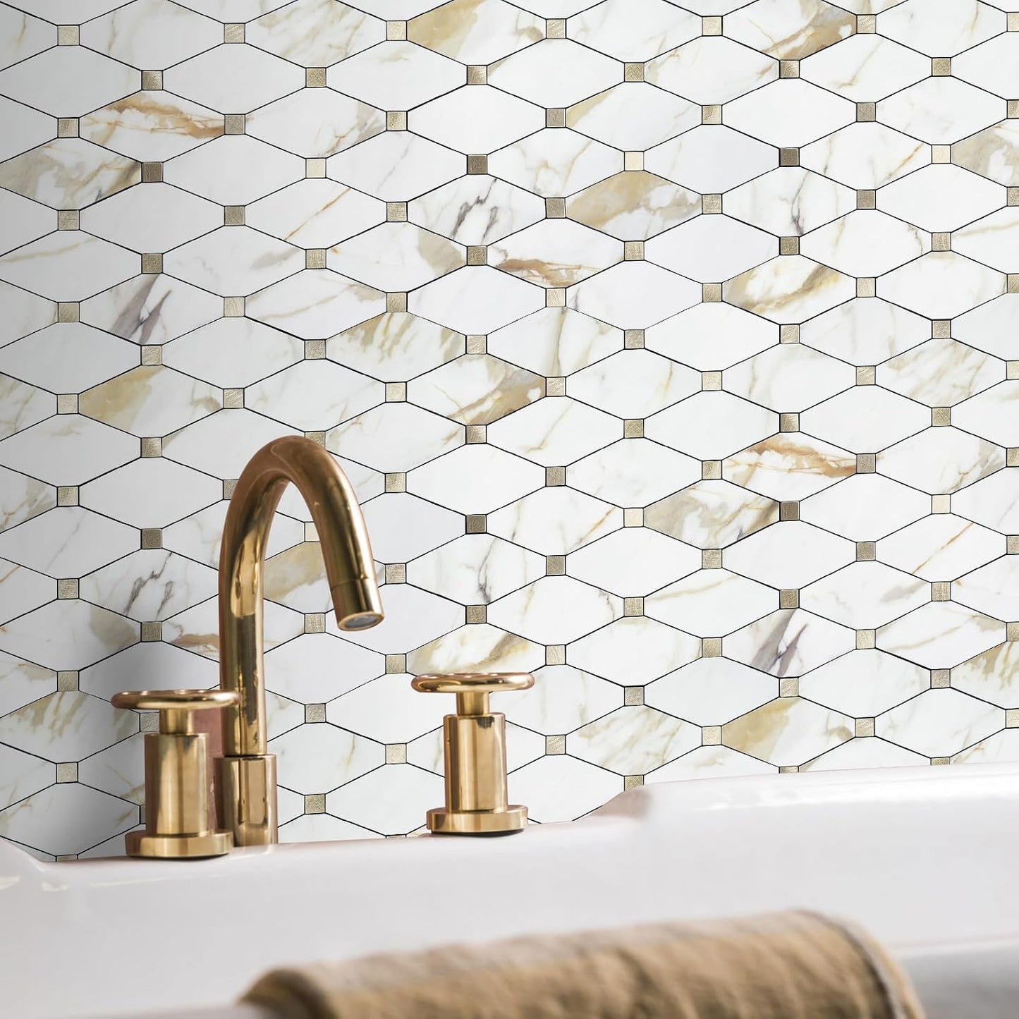 STICKGOO 10 Sheets Peel and Stick Backsplash, Polished Dolomite PVC Mixed Metal Gold Kitchen Backsplash, Stick on Backsplash Wall Tiles for Kitchen, Bathroom, RV
