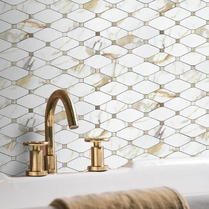 STICKGOO 10 Sheets Peel and Stick Backsplash, Polished Dolomite PVC Mixed Metal Gold Kitchen Backsplash, Stick on Backsplash Wall Tiles for Kitchen, Bathroom, RV