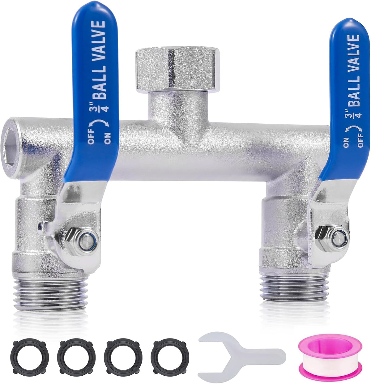 2 Way Garden Hose Splitter, 304 Stainless Steel T Valve, Full Flow with Long Handle, Lead-Free Rust & Freeze Resistant, 3/4" GHT Thread Outdoor Hose Adapter