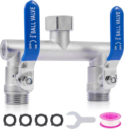 2 Way Garden Hose Splitter, 304 Stainless Steel T Valve, Full Flow with Long Handle, Lead-Free Rust & Freeze Resistant, 3/4" GHT Thread Outdoor Hose Adapter
