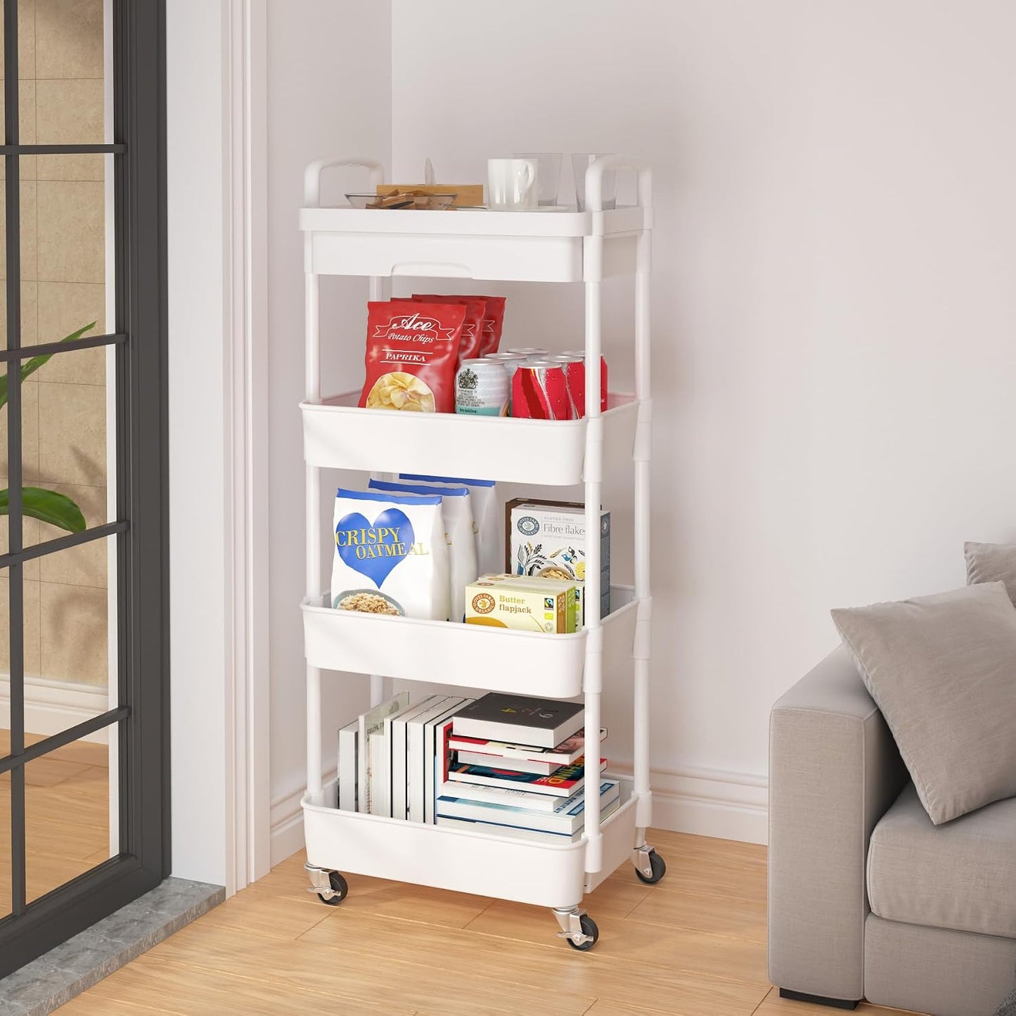Calmootey 3-Tier Rolling Utility Cart with Drawer,Multifunctional Storage Organizer with Plastic Shelf & Metal Wheels,Storage Cart for Kitchen,Bathroom,Living Room,Office,White