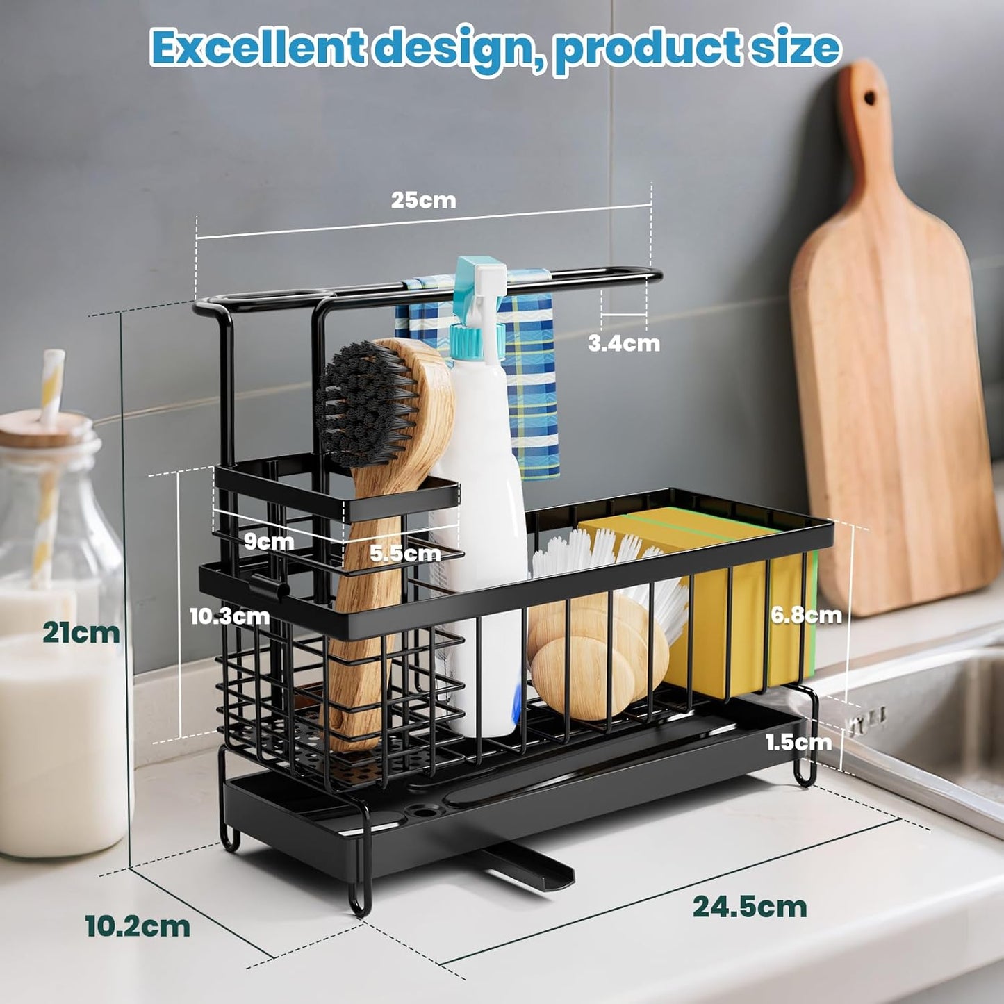 Kitchen Sink Caddy, Sponge Holder with Towel Holder, Kitchen Holder for Sink with 360 Degree Rotating Drain, Carbon Steel Rustproof, Kitchen Sink Caddy Sponge Holder for Gadgets and Decor