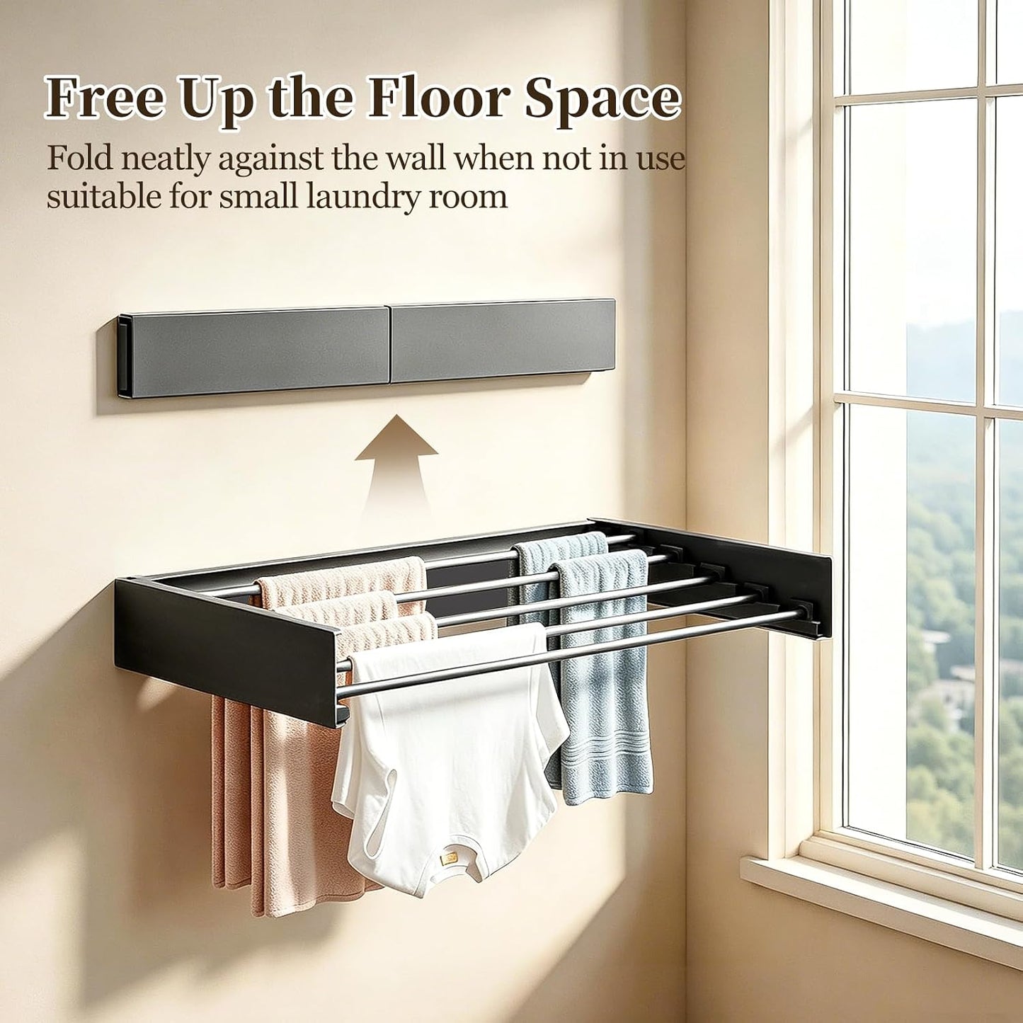 Wall Mounted Foldable Clothes Drying Rack Carbon Steel 5 Rods, Space-Saving Laundry Drying Rack with Wall Template (1, White, 19.69")