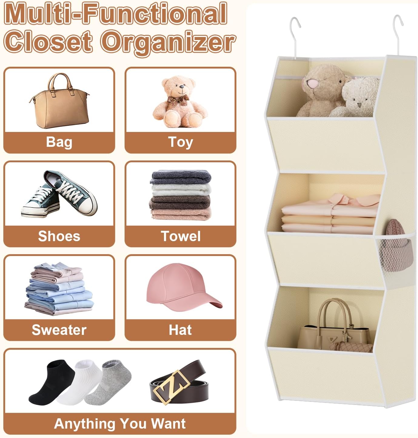 Hanging Closet Organizer 4 Shelf Collapsible Bedroom Closet Organizers and Storage Hanging with Mesh Pockets for Clothes, Fabric Hanging Storage Bins for Wardrobe Closet Organization and Storage, Grey