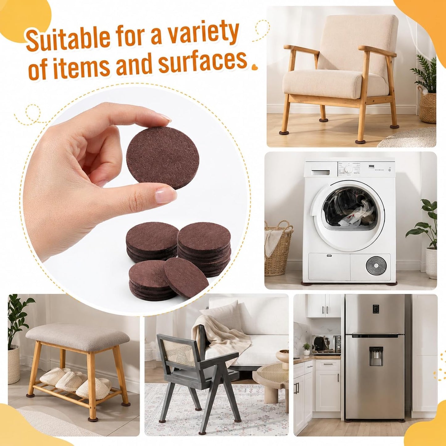 16 Pcs 2-1/2”/63mm Felt Furniture Pads for Hardwood Floors, Brown Round Self Adhesive Furniture Pads, 5mm Thick Anti Scratch Floor Protectors for Chair Legs Furnitures Feet