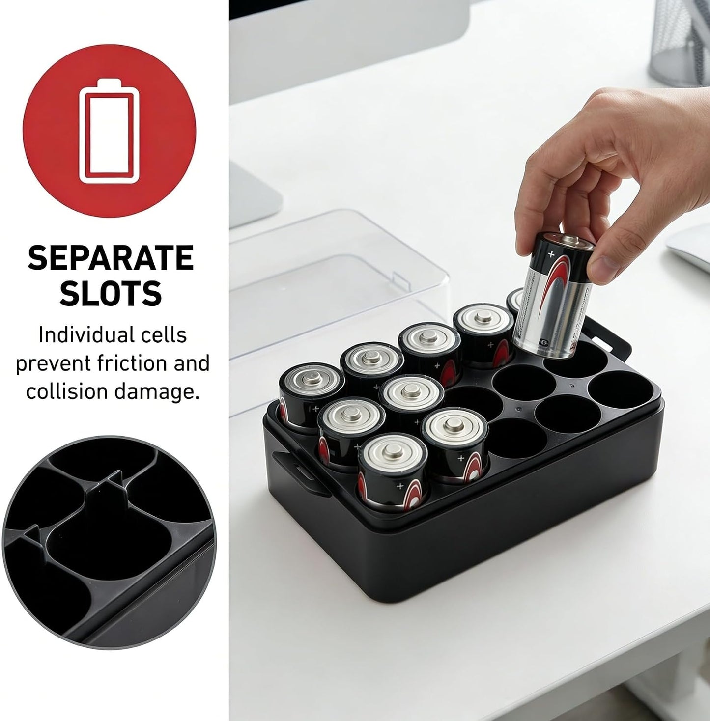 ALCYON Battery Organizer Storage Case, Battery Vault Box Container for 48pcs AA Batteries, Plastic Clear Protective Battery Holder for Travelling/Home/Office (Black, Large)