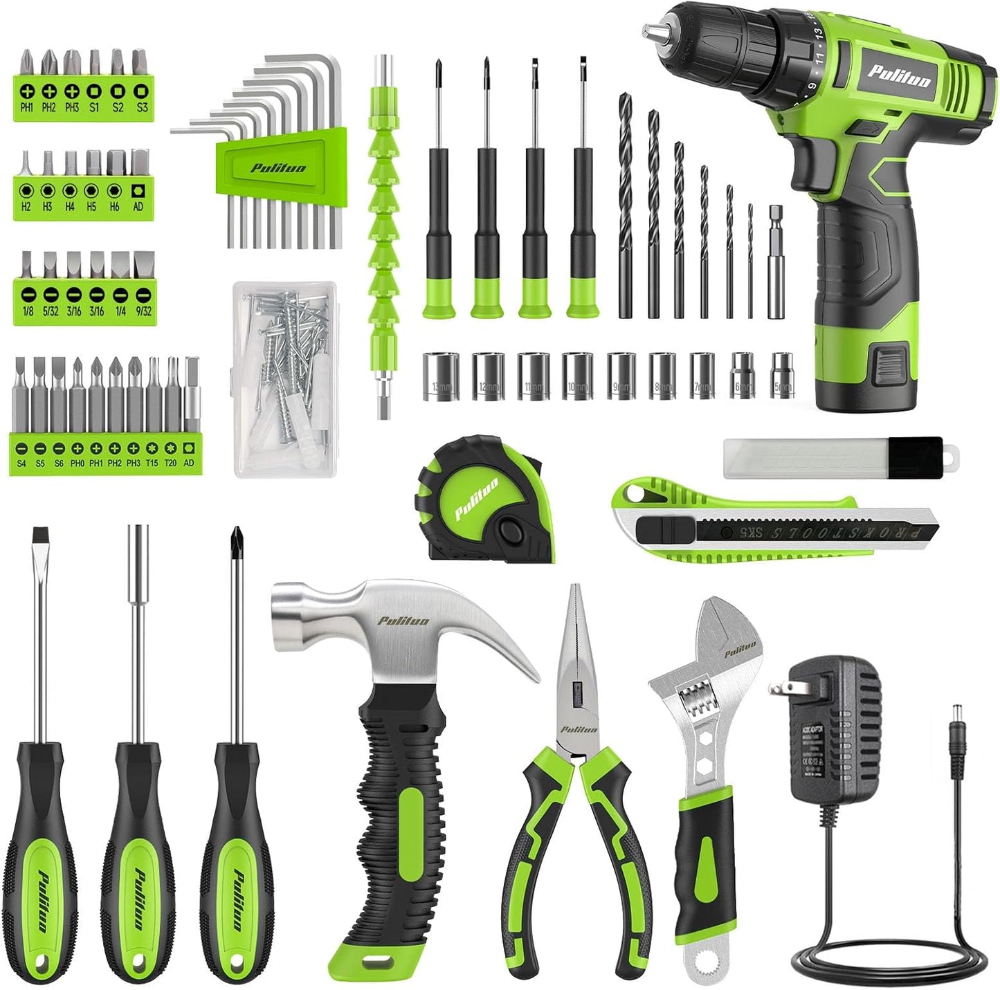 PULITUO Drill Set, 149-Piece Home Tool Set with 12V Pink Cordless Drill, Tool Box, Hand Tool Kits for Women & Men and DIY Enthusiasts, for Home Improvement