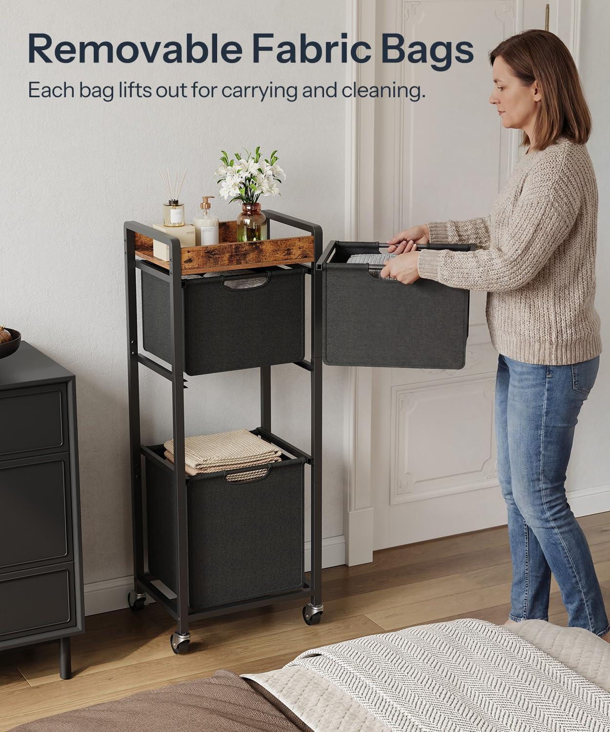 HOOBRO Vertical Laundry Hamper with Wheels, Slim 3 Section Laundry Sorter, Space Saving Rolling Laundry Cart with Removable Bags & Shelf, Laundry Basket for Bathroom, Bedroom, Rustic Brown