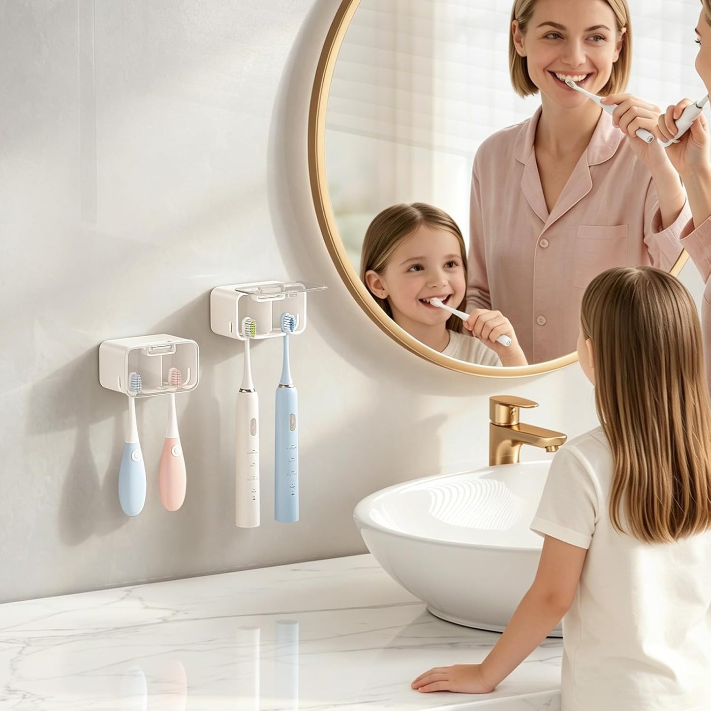 MOPMS Toothbrush Holders for Bathrooms【2 Slot Independent Compartment Design】 2PCS Electric Toothbrush Holder Wall Mounted for Shower, Toothbrush Dispenser Storage Organizer with Cover for Family