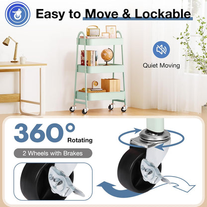 OLIXIS Metal 4 Tiers Utility Rolling Cart, Mobile Storage Shelf with Lockable Caster Wheels, Organization for Livingroom, Bathroom, Kitchen, & Narrow Places, 4-Tier Green