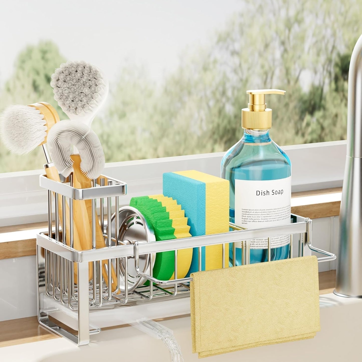 SWTYMIKI Sink Caddy Sponge Holder - Large Sponge Holder for Kitchen Sink with 360°Auto-Drain Tray, Rustproof Stainless Steel Kitchen Organizer Caddy for Countertop Organization