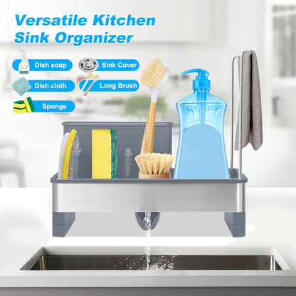Kitchen Sink Caddy,Sponge Holder for Kitchen Sink with Dish Brush Holder, Auto Drain Tray, Sponge Drain Rack,Stainless Steel Sink Organizer Countertop，Sponge Soap(Grey)