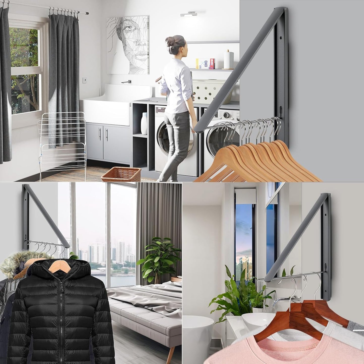 Foldable Clothes Drying Rack, Dark Gray | Wall Mounted, Retractable, 0.43'' Thickness, Space Saving, Aluminum