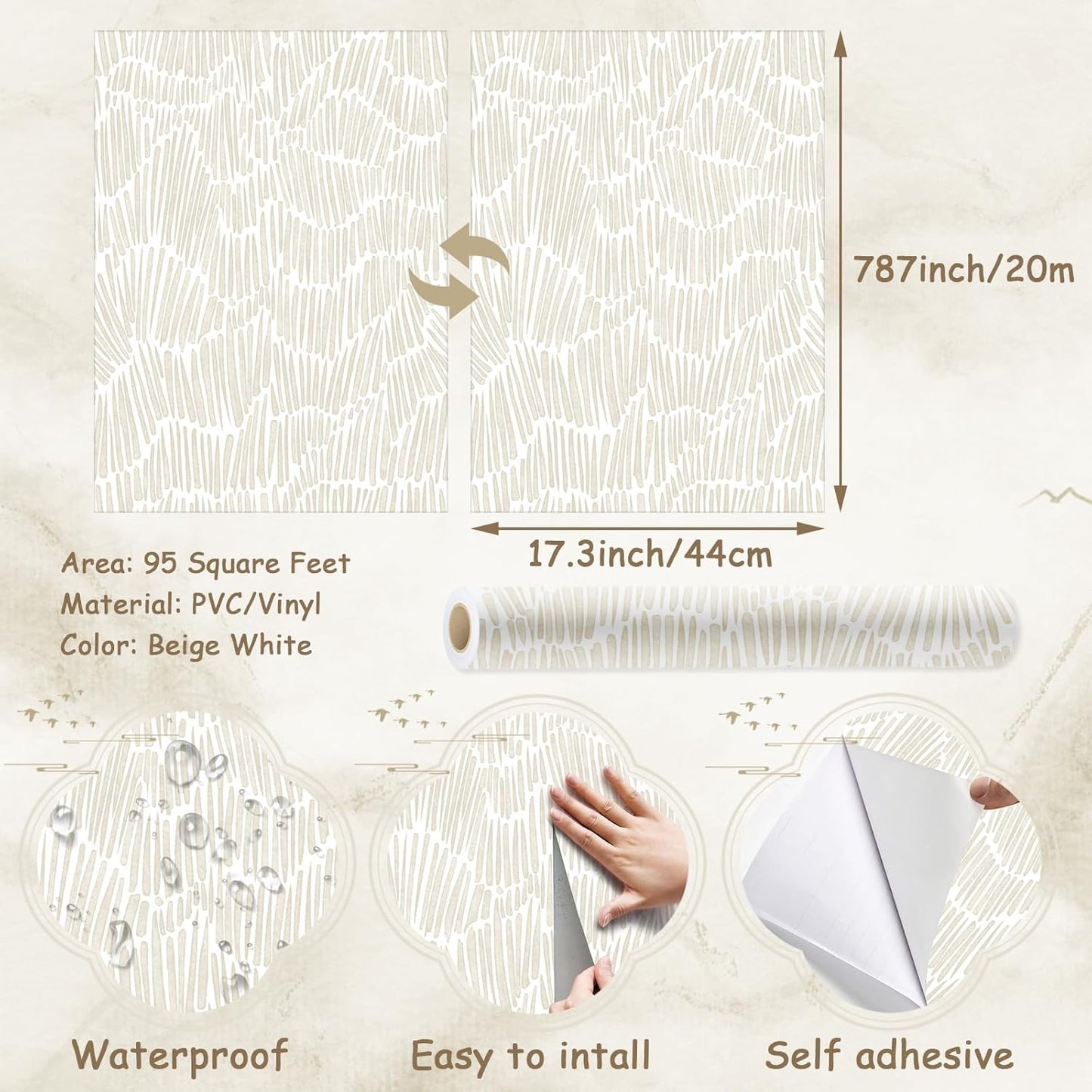 Theper Beige Wallpaper 17.3"×78.8" Modern Striped Peel and Stick Wallpaper Boho Removable Self Adhesive Wall Paper for Bedroom Waterproof White and Gold Contact Paper for Cabinets Vinyl