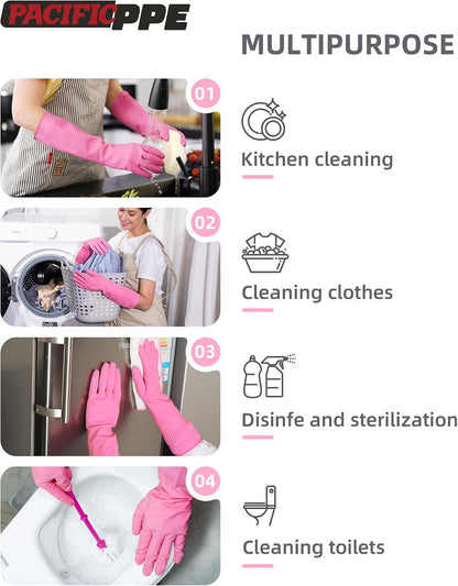 PACIFIC PPE 2 Pairs Reusable Rubber Gloves for Washing Dishes and Cleaning Tasks, Water Resistant Household Gloves for Kitchen Bathroom, Grippy Latex Dish Washing, Pink, Small