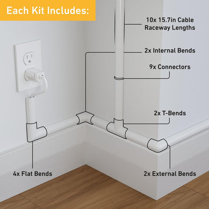 D-Line 157in Cord Cover Kit, Self-Adhesive Wire Hiders, Cable Raceway to Hide Wires on Wall, Electrical Cable Management - 10x 15.7 Lengths & 19 Accessories - 1.18" (W) x 0.59" (H) - Black