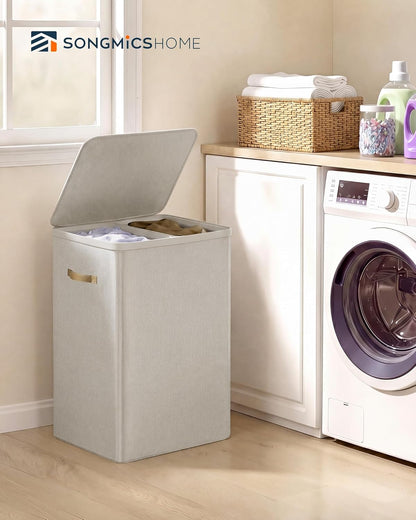 SONGMICS HOME Laundry Hamper with Lid, 2 Section Laundry Basket with Removable Liners and Handles, Foldable Clothes Sorter for Bedroom, Bathroom, Beige