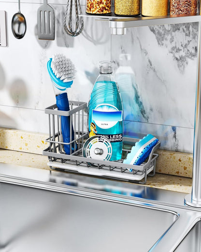 Consumest Sponge Holder for Kitchen Sink - Kitchen Sink Caddy Organizer with Removable Drip Tray for Countertop Dish Soap Dispenser Brush Storage Accessories 304 Stainless Steel - Black