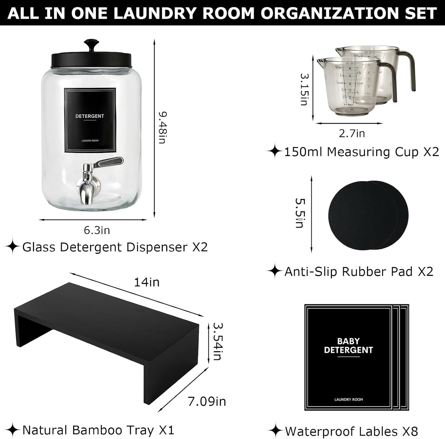 Glass Laundry Detergent Dispenser with Bamboo Shelf, 108oz Liquid Dispensers with Stainless Steel Tap, Large Reusable Softener Soap Containers with Stand for Washer Room Organization