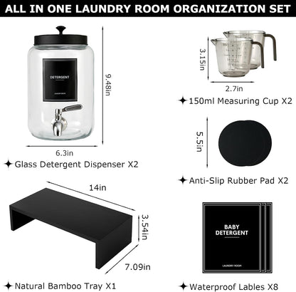 Glass Laundry Detergent Dispenser with Bamboo Shelf, 108oz Liquid Dispensers with Stainless Steel Tap, Large Reusable Softener Soap Containers with Stand for Washer Room Organization