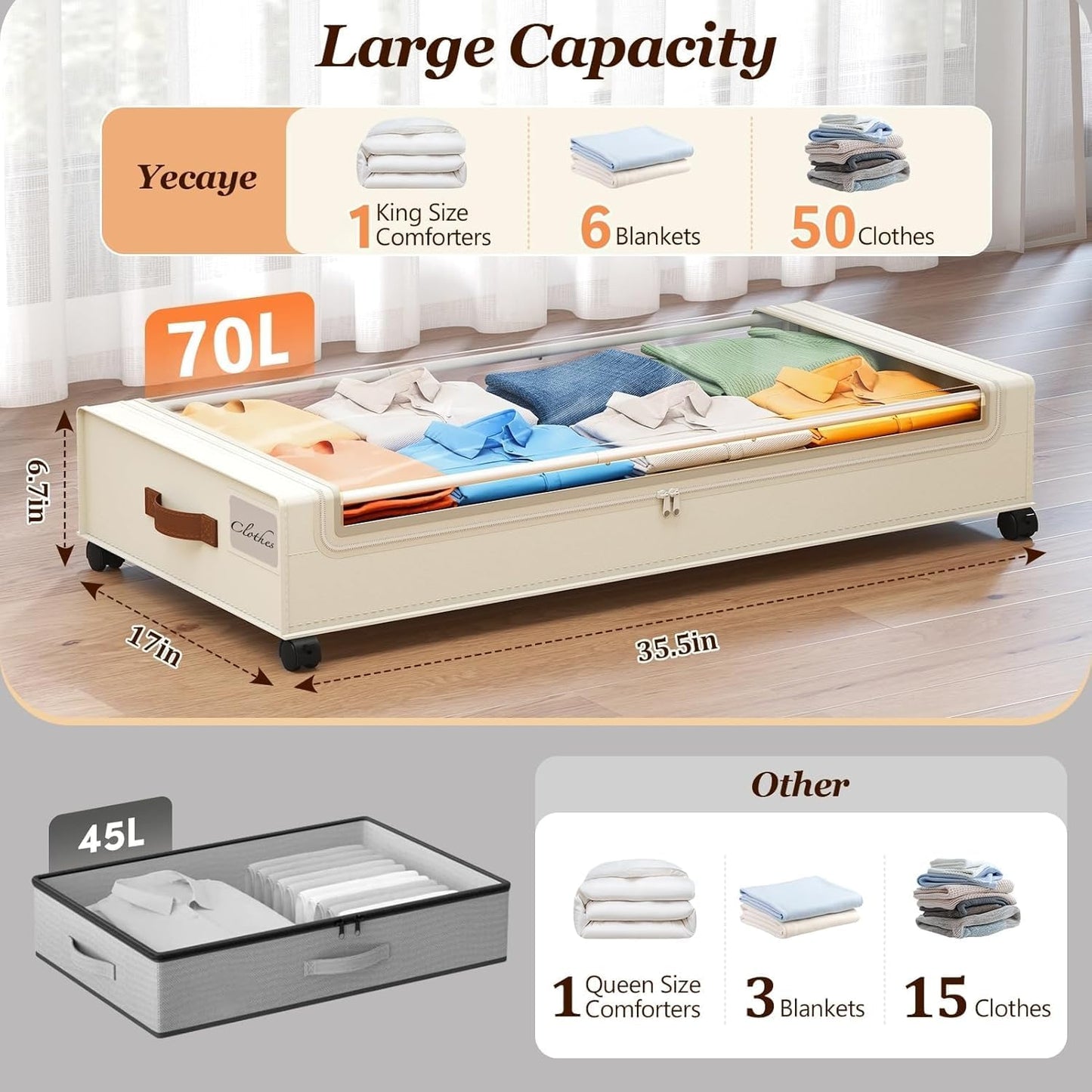 Yecaye Under Bed Storage with Wheels, 2 Pack Under Bed Storage Containers, 60L Underbed Shoe Storage with Clear Window & Label, Rolling Under Bed Metal Drawer for Clothes, Shoes, Books, Blankets
