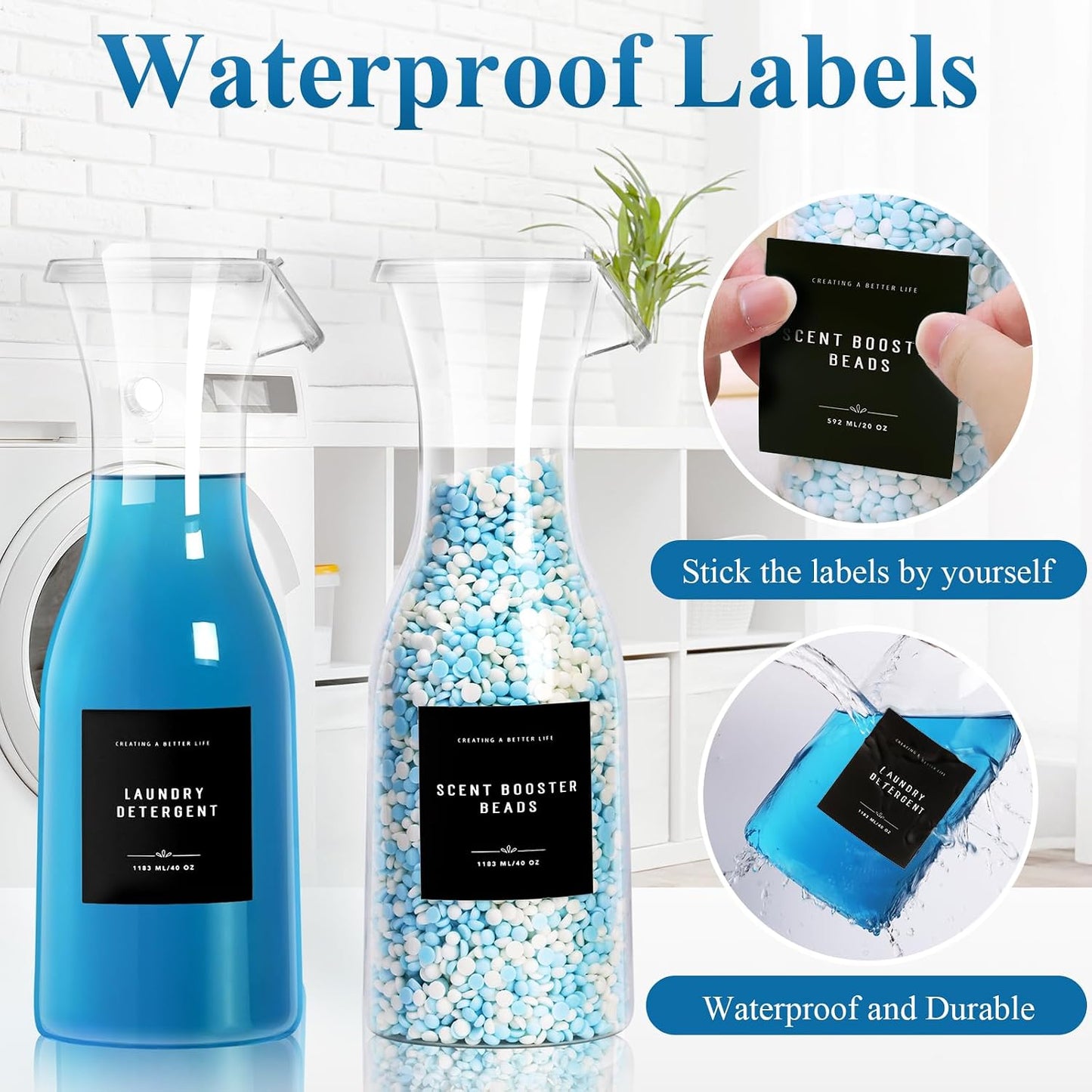 Laundry Detergent Dispenser Bottle 40oz with Waterproof Label for Laundry Detergent Soap Fabric Softener Bleach Scent Booster Beads, Sturdy PET Bottle for Laundry Room Decor 2 Pack White