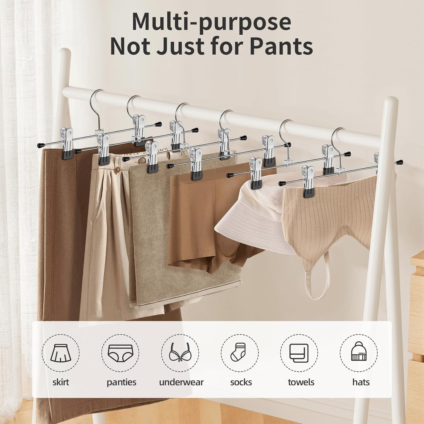 Pants Hangers with Clips: 10Pack Skirt Hangers for Women Metal Adjustable Trouser Hangers for Jeans Shorts Dress - Black