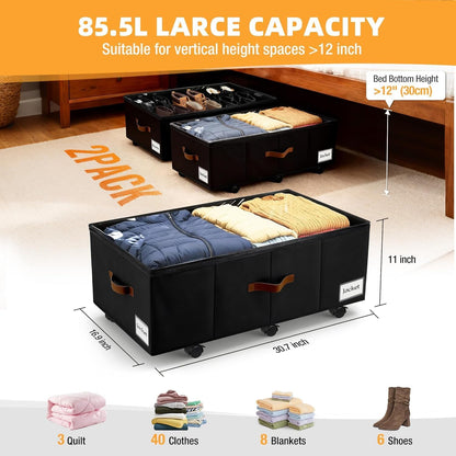 Under Bed Storage with Wheels,Underbed Storage with Sturdy Sidewalls/Bottom, Clear Cover, Label and PU Handle, Rolling Under Bed Drawers for Clothes, Shoes, 6.5 Inch Height,Black, 2 Pack