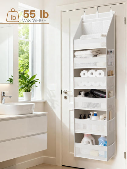 Criusia Over The Door Organizer, Heavy-Duty 6-Shelf Hanging Storage with 13 Mesh Pockets, 55lbs Capacity Behind The Door Storage for Nursery, Bathroom, Bedroom, and Dorm, Grey