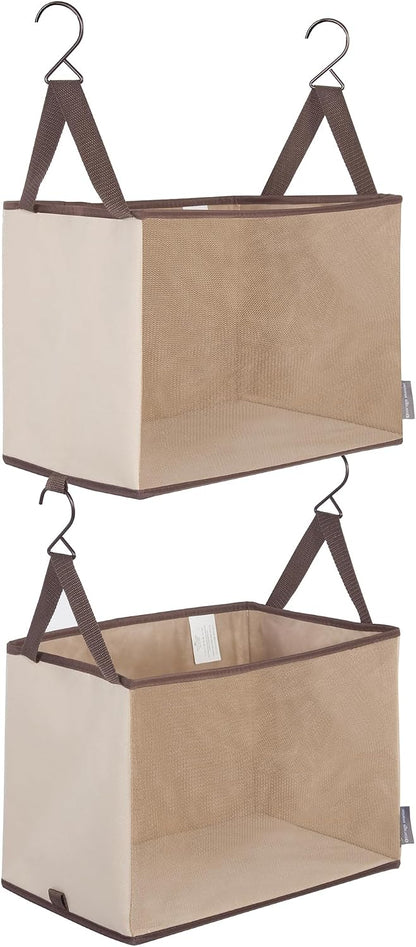 STORAGE MANIAC 2-Tier Hanging Closet Organizer, Fabric Storage Baskets with Hooks, Closet Shelves for Dorm Room, Apartment, Bedroom, Garment Rack & Wardrobe, Ivory
