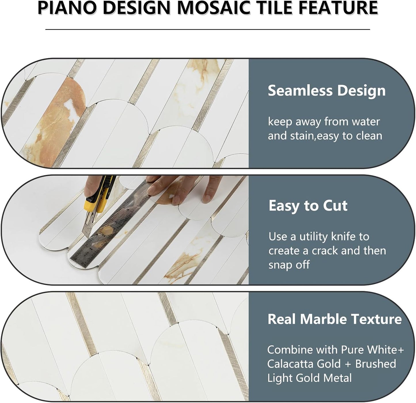 Vamos Peel and Stick Backsplash Seamless Tile for Kitchen and Bathroom,White and Beige Slate PVC Mixed Light Gold Self Adhesive Fish Scale Metal Mosaic Tiles (10 Sheets)