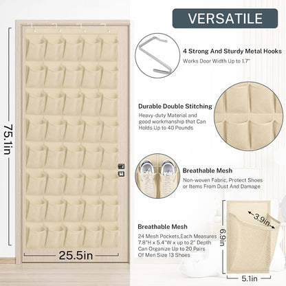 40 Large Mesh Pocket Over the Door Shoe Organizer,Hanging Shoe Rack for Door,Hualleko Shoes Organizer Hanger with Large Capacity, Shoes Storage Holder Sturdy Non-woven Fabric - Stores 20 Pairs (White)