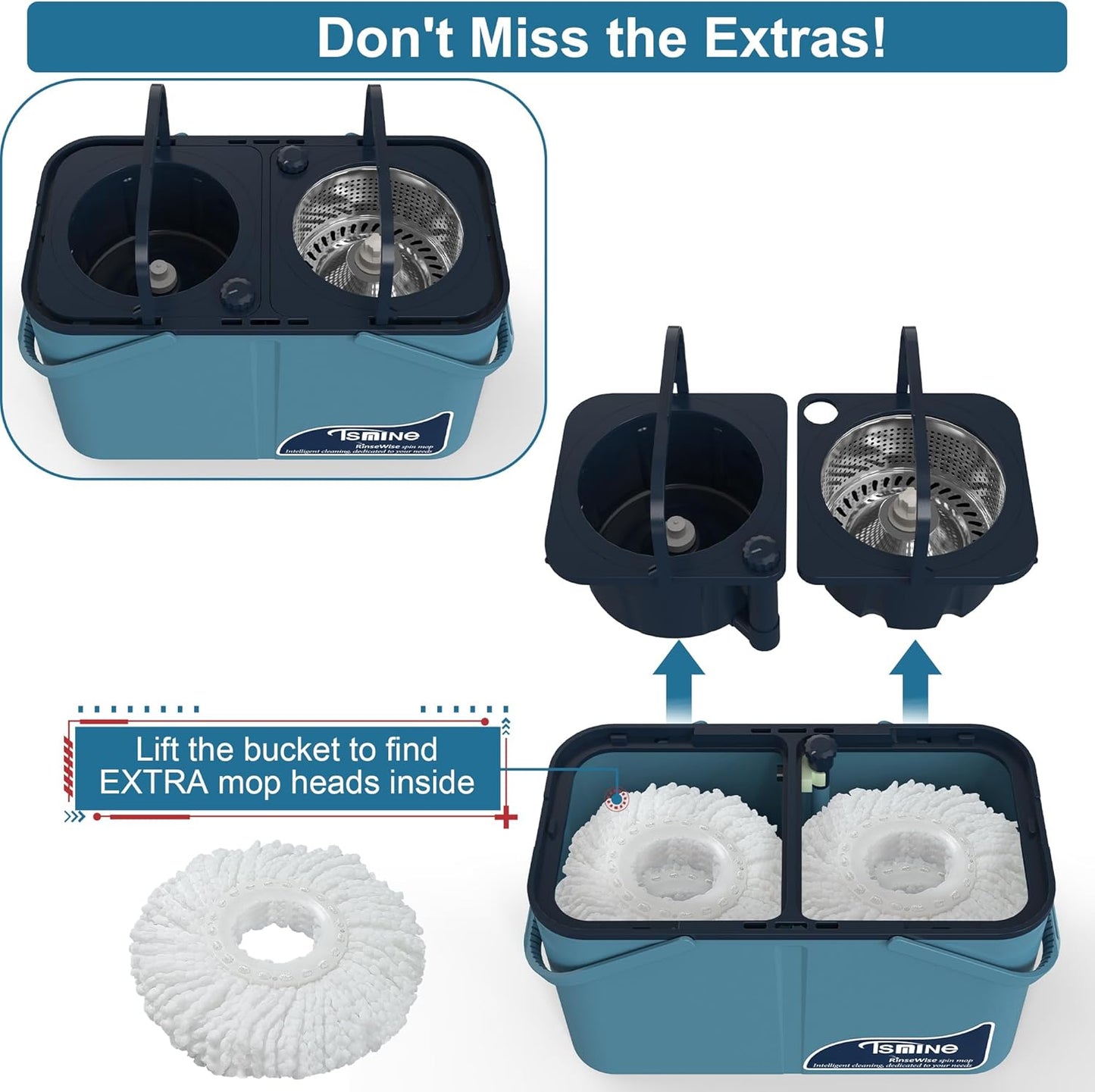 Spin Mop for Large Homes & Big Floor Cleaning, Clean & Dirty Water Separation Mop Bucket for Family & Pet Homes,4-Chamber System, Glide Wheels, Safe for Hardwood & Tile, Adjustable Handle, 6 Mop Heads