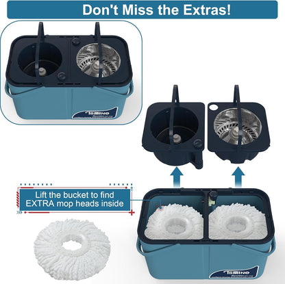Spin Mop for Large Homes & Big Floor Cleaning, Clean & Dirty Water Separation Mop Bucket for Family & Pet Homes,4-Chamber System, Glide Wheels, Safe for Hardwood & Tile, Adjustable Handle, 6 Mop Heads