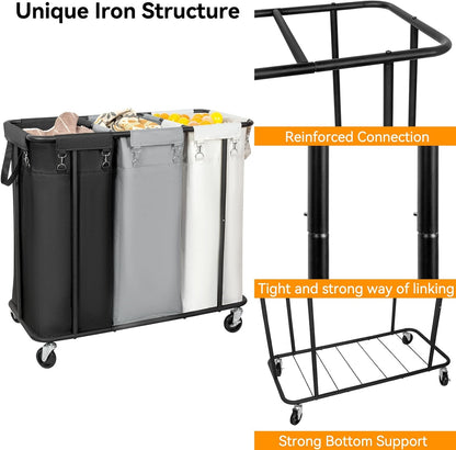 WOWLIVE Laundry Hamper with Wheels 260L Rolling Laundry Basket 3 Section Organizer Laundry Cart with Steel Frame and Removable Bags Large Dirty Clothes Hamper Dorm Room Storage for Bedroom