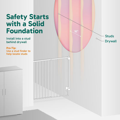 Cumbor 29.2–43" Baby Gate for Stairs, Hardware Mounted (Drill Required), Expandable No Bottom Bar Dog Gate, Auto Close Extra Wide Walk Thru, Pet & Toddler Proof Gate, Top & Bottom of Stairways (White)