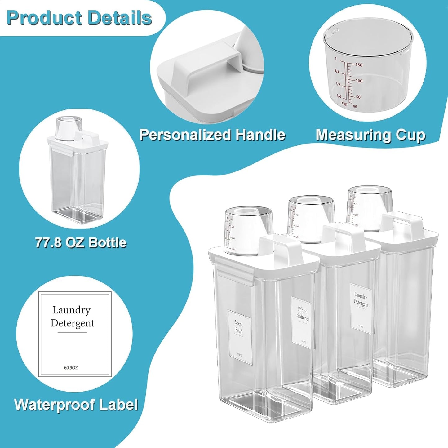 61OZ Laundry Detergent Dispenser Container, 2 Pack Liquid Laundry Dispenser, Plastic Detergent Dispensers for Laundry Powder/Fabric Softener with Tray 6 Labels, Clear