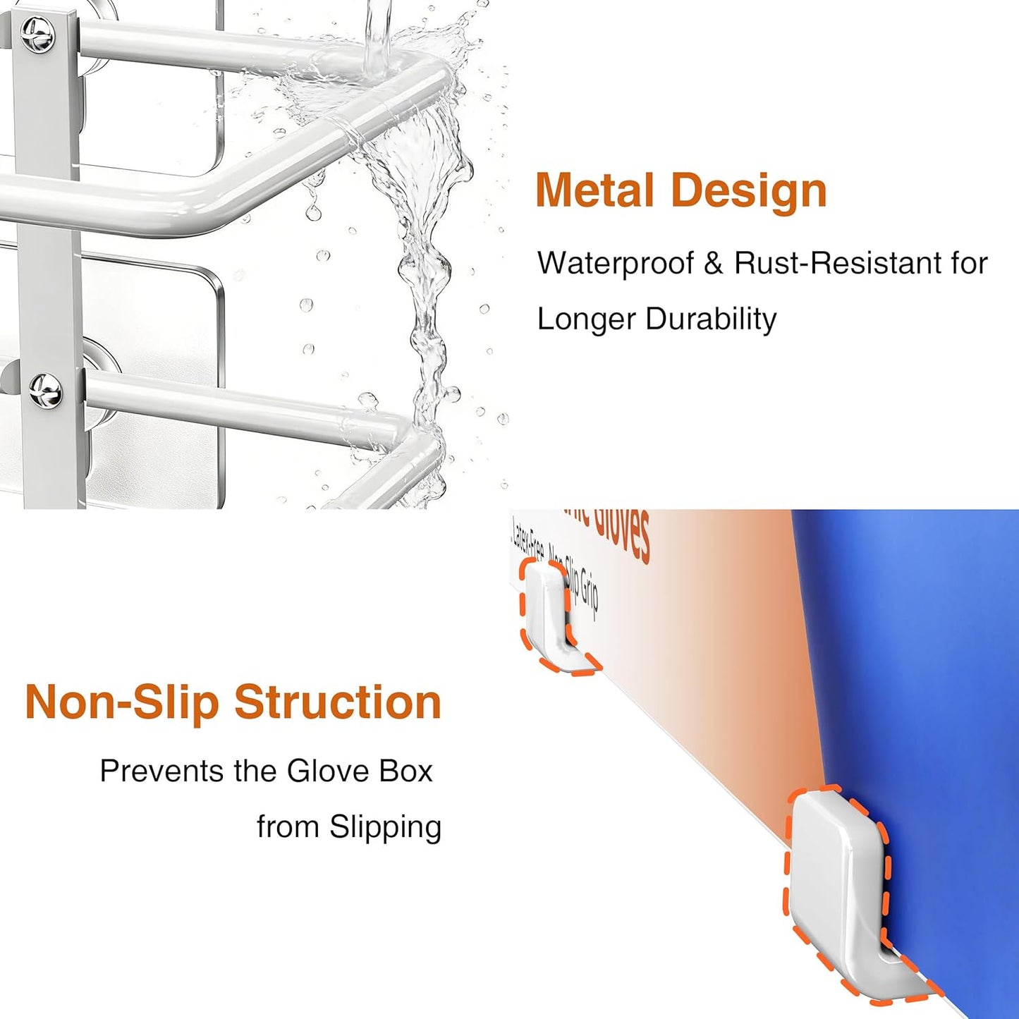 Adhesive Glove Box Holder Wall Mount, Metal Disposable Gloves Dispenser for Latex & Nitrile Boxes, No-Drill Tissue & Wipes Organizer for Kitchen, Lab, Bathroom, White