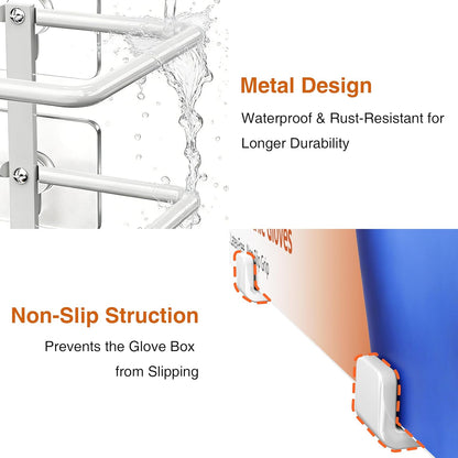 Adhesive Glove Box Holder Wall Mount, Metal Disposable Gloves Dispenser for Latex & Nitrile Boxes, No-Drill Tissue & Wipes Organizer for Kitchen, Lab, Bathroom, White