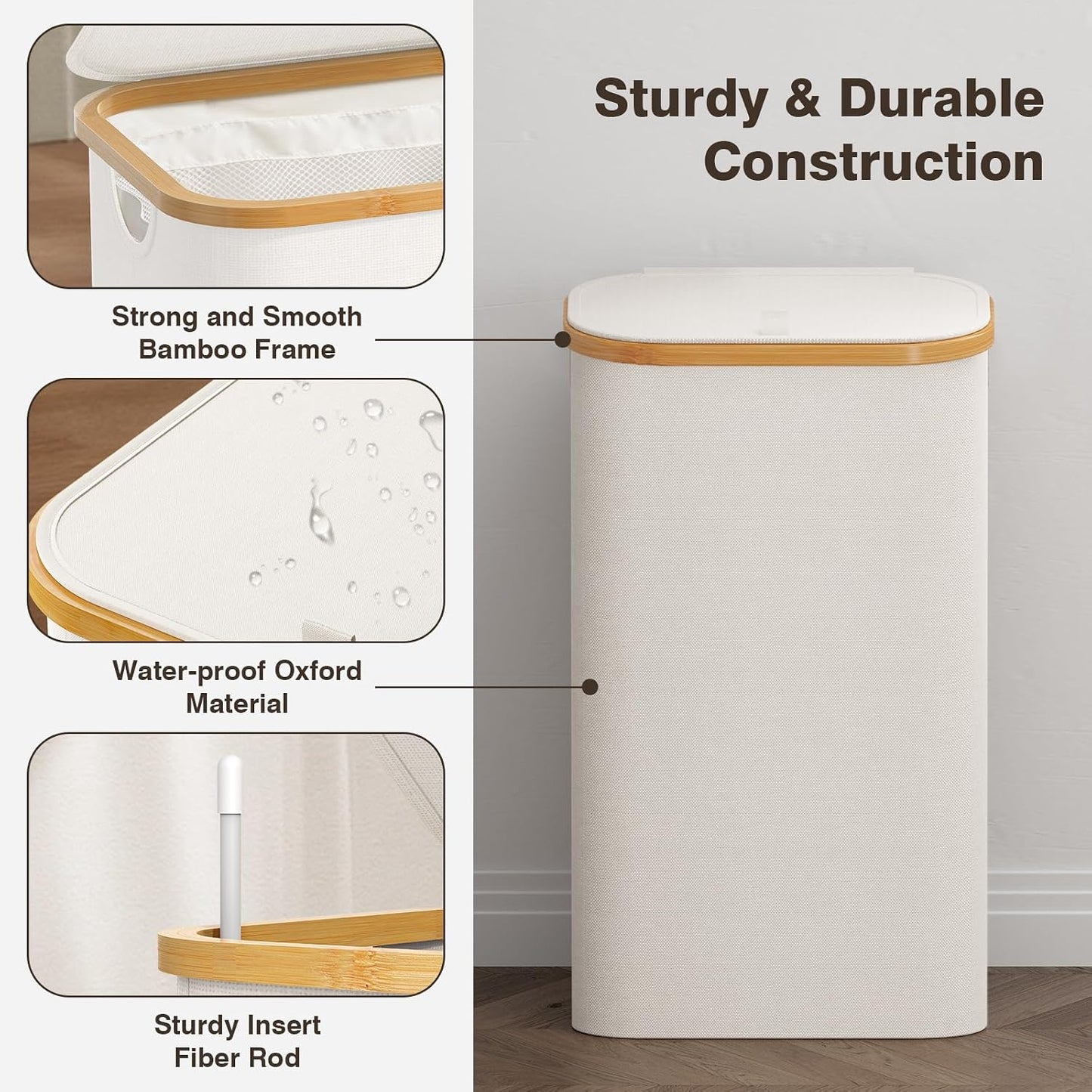 160L Laundry Hamper with Lid, 3 Section Laundry Basket with 3 Removable Bag | Clothes Hampers for Laundry with Bamboo Frame Handle, Large Dirty Clothes Hamper for Laundry Room, Bathroom, Bedroom, Black